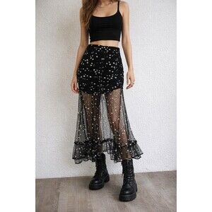 Half Sheer Black Mesh Slit Front Maxi Skirt, Celestial Silver Stars, Whimsigoth